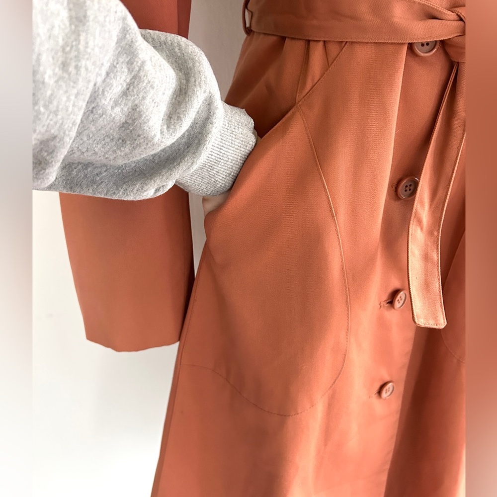 VINTAGE PBD INTERNATIONAL 90s Rust Belted Trench Coat Dress Parisian Retro Small - Picture 9 of 13